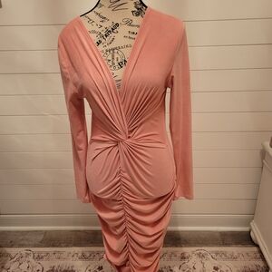 Auditions Sz Large pink, long-sleeve ruched dress Excellent Condition